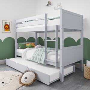Light Grey Wooden Single Bunk Bed with Trundle