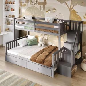 Grey Triple Bunk Bed With Trundle Stairs