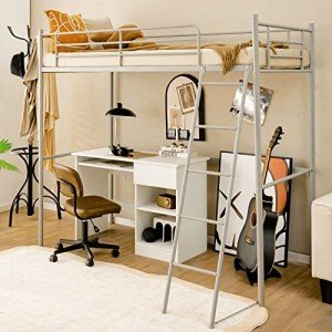 Metal Loft Bed Frame with Ladder & Guardrail