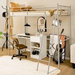 Metal Loft Bed Frame with Ladder & Guardrail