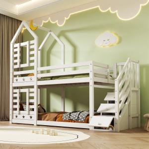 Double Wooden Bunk Bed with Slide for Kids