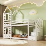 Double Wooden Bunk Bed with Slide for Kids