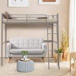 Metal Loft Bed Frame with Ladder & Guardrail