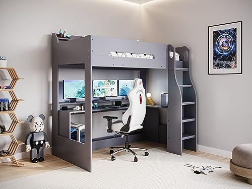 Kids Wooden High Sleeper Bed with Desk & Lights