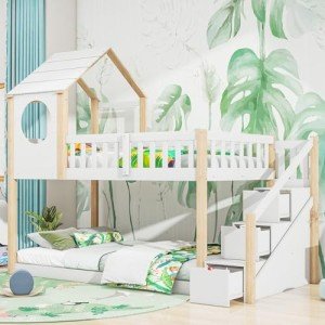 Treehouse Bunk Bed for Kids with Ladder & Drawers