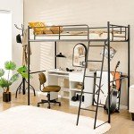 Metal Loft Bed with Ladder and Guardrails