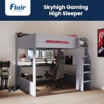 Kids Wooden High Sleeper Bed with Desk & Lights