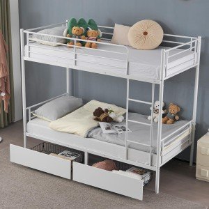 Metal Bunk Bed with Ladder and Storage Drawers