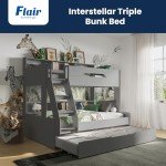 Triple Bunk Bed with Trundle for Kids - Grey