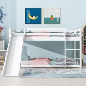 White Cabin Bunk Bed with Slide and Ladder