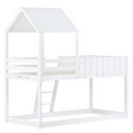 White Wooden Bunk Bed with Guard Rail and Ladder