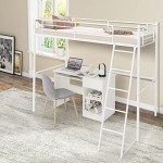 Metal Loft Bed Frame with Ladder & Guardrail