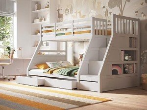 Triple Bunk Bed with Storage for Kids - White