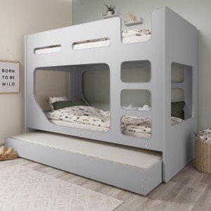 Grey Wooden Bunk Bed for Kids with Trundle