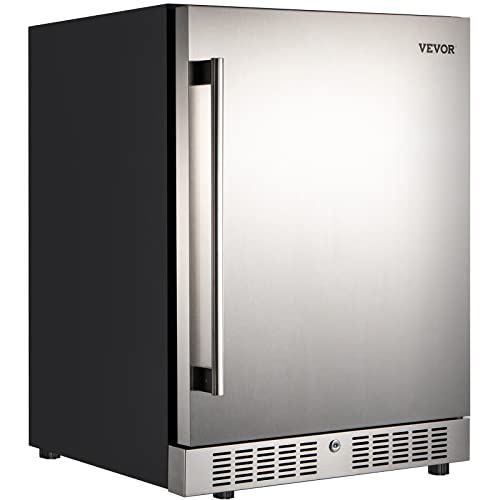 VEVOR 24'' Built-in Beverage Cooler, 5.3 cu.ft. Stainless Steel Beverage Refrigerator w/Embraco Compressor, 142 Can Beer Fridge for Home Bar Office Outdoor Indoor Use, 150L, Black & Silver