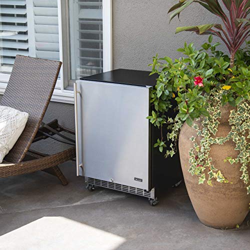 NewAir 24" Built-in 160 Can Outdoor Beverage Fridge in Weatherproof Stainless Steel with Auto-Closing Door and Easy Glide Casters. New Air Mini Fridge, Built-In or Freestanding Outdoor Fridge