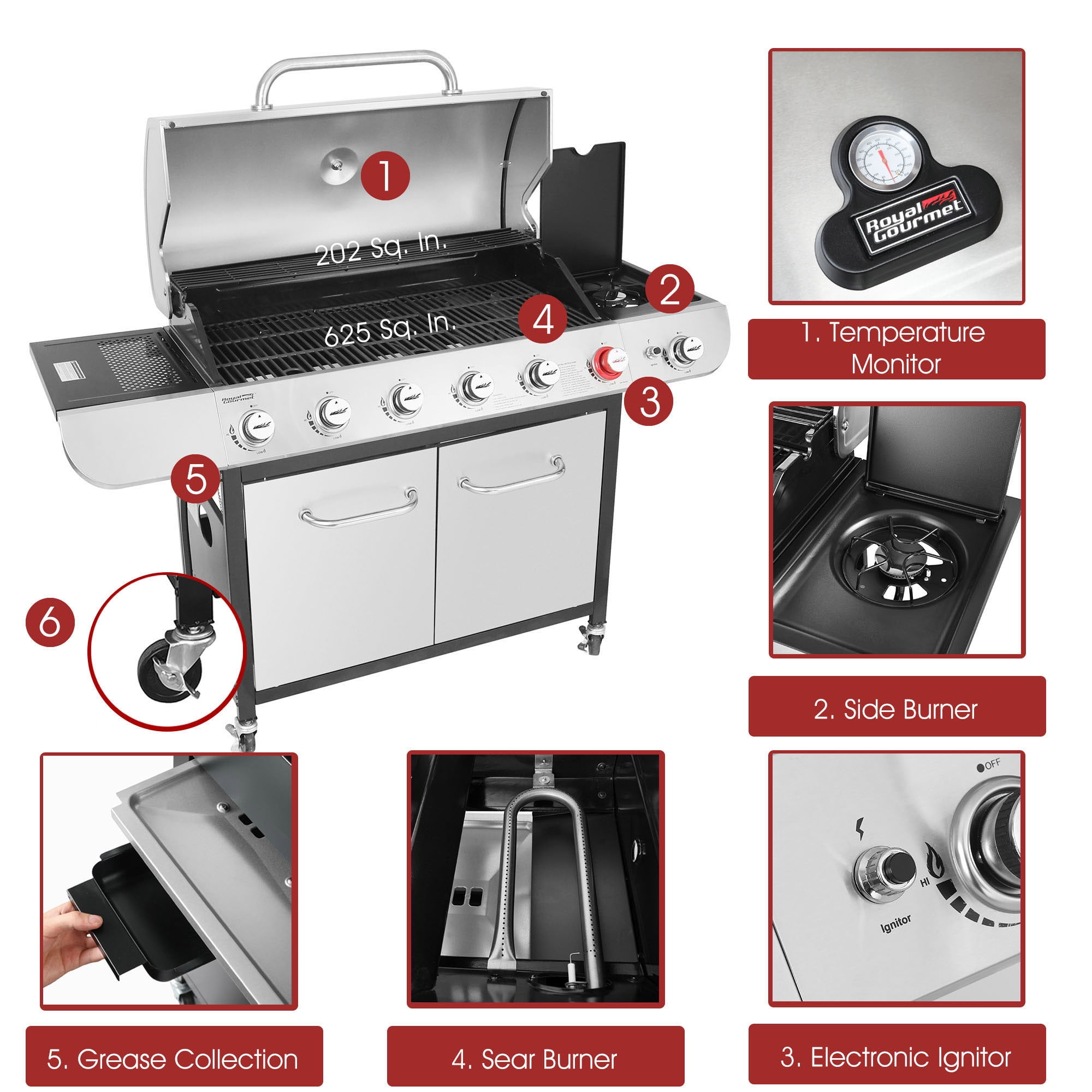 Stainless Steel 6-Burner LP Gas Grill with Sear & Side Burner