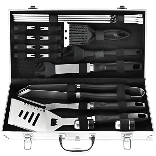 N NOBLE FAMILY 21PCS Complete BBQ Utensils Set with Aluminum Case - Enlarged Handle Stainless Steel Grill Tools Set for Outdoor Camping Barbecue - Ideal BBQ Gift on Father’s Day, Birthday, Christmas