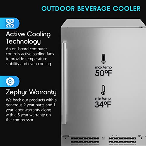 Zephyr Presrv Series 24 Inch Stainless Steel Freestanding or Built In Beverage Center 13 bottles, 84 12 oz cans (Single Zone Beverage Cooler - Outdoor)