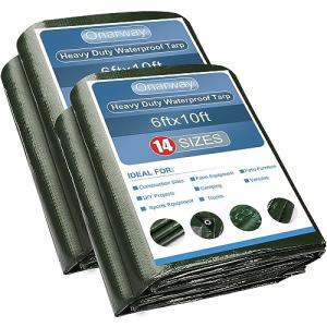 Onarway Waterproof Green Poly Tarps - 6x10 Ft 2-Pack
