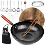 14-Piece Carbon Steel Wok Set with Wooden Lid