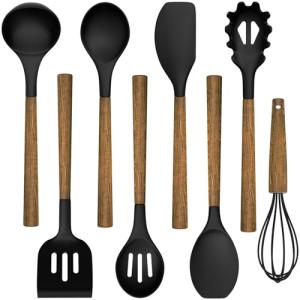8-Piece Silicone Kitchen Utensil Set with Wooden Handles