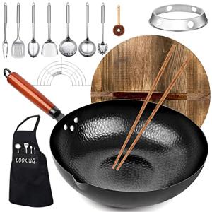 14-Piece Carbon Steel Wok Set with Wooden Lid