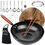 14-Piece Carbon Steel Wok Set with Wooden Lid