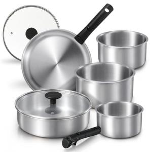 Stainless Steel Camping Cookware Set with Removable Handles