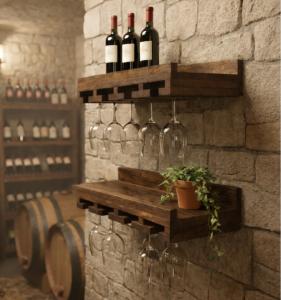 Wall Mounted Wooden Wine Rack and Stemware Shelf