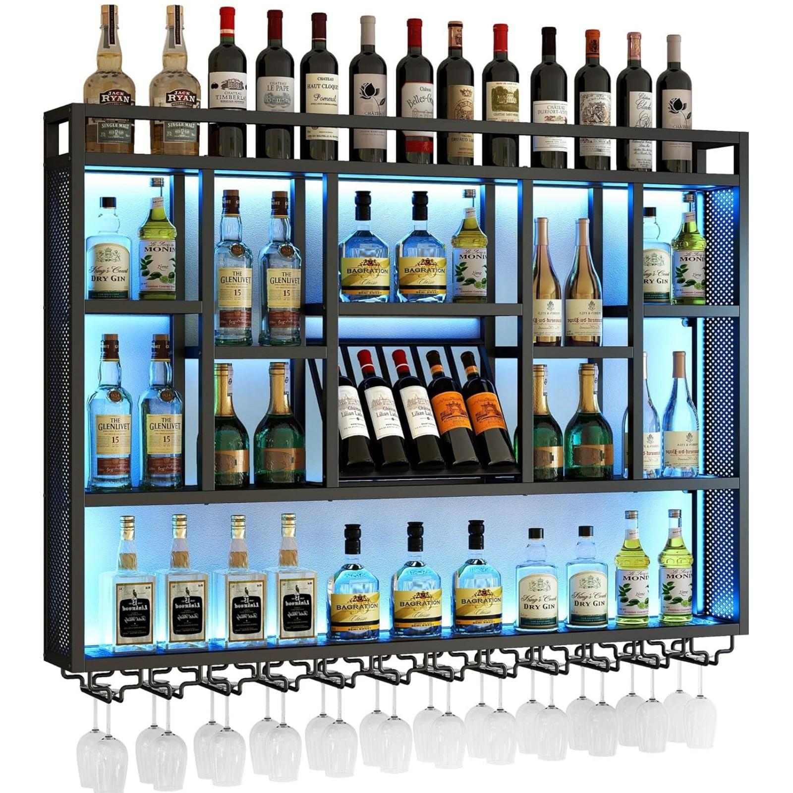 4-Tier Wall Mounted Wine Rack with LED Light