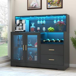 LED Wine Bar Cabinet with Glass Rack & Storage