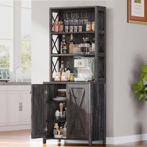 67" Tall Rustic Oak Wine Bar Cabinet