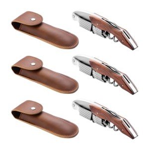 3-Pack Waiter's Corkscrew Wine Key with Leather Pouch