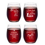 Set of 4 Christmas Puns Stemless Wine Glasses Set, Christmas Themed Gift Idea for Women Men Friend Party White Elephant Gift Exchange Dirty Santa, 15Oz Funny Wine Gift