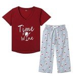 Wine Glass Printed Women's Pajama Set, Red