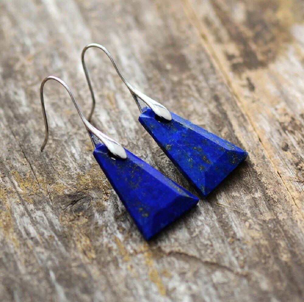 Handmade Lapis Lazuli Gemstone Dangle Earrings Blue