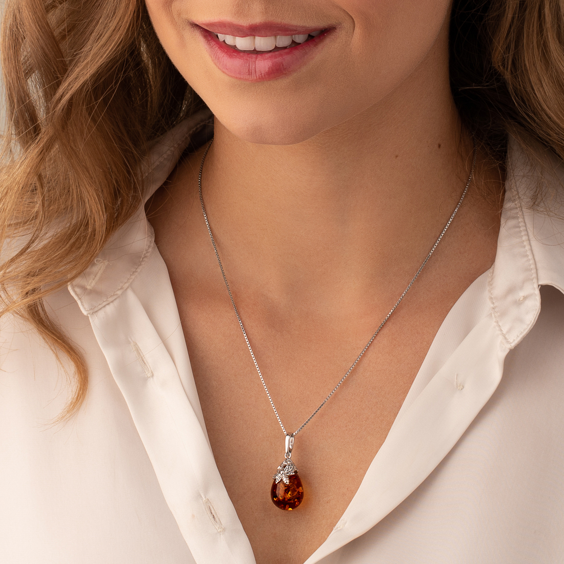 Bee Pendant Necklace with Baltic Amber in Silver