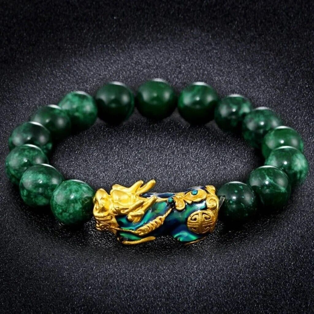 Green Jade Dragon Protection Pixiu Charm Bracelet 10mm