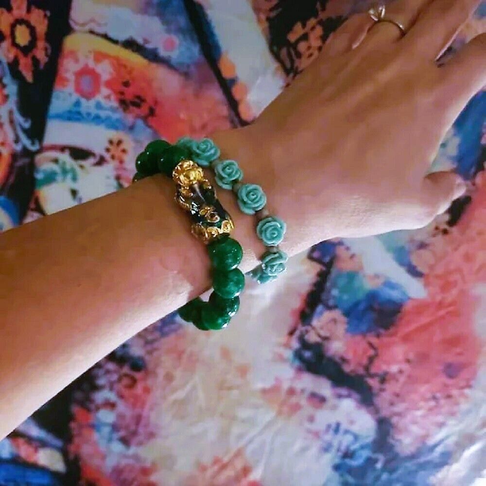 Green Jade Dragon Protection Pixiu Charm Bracelet 10mm