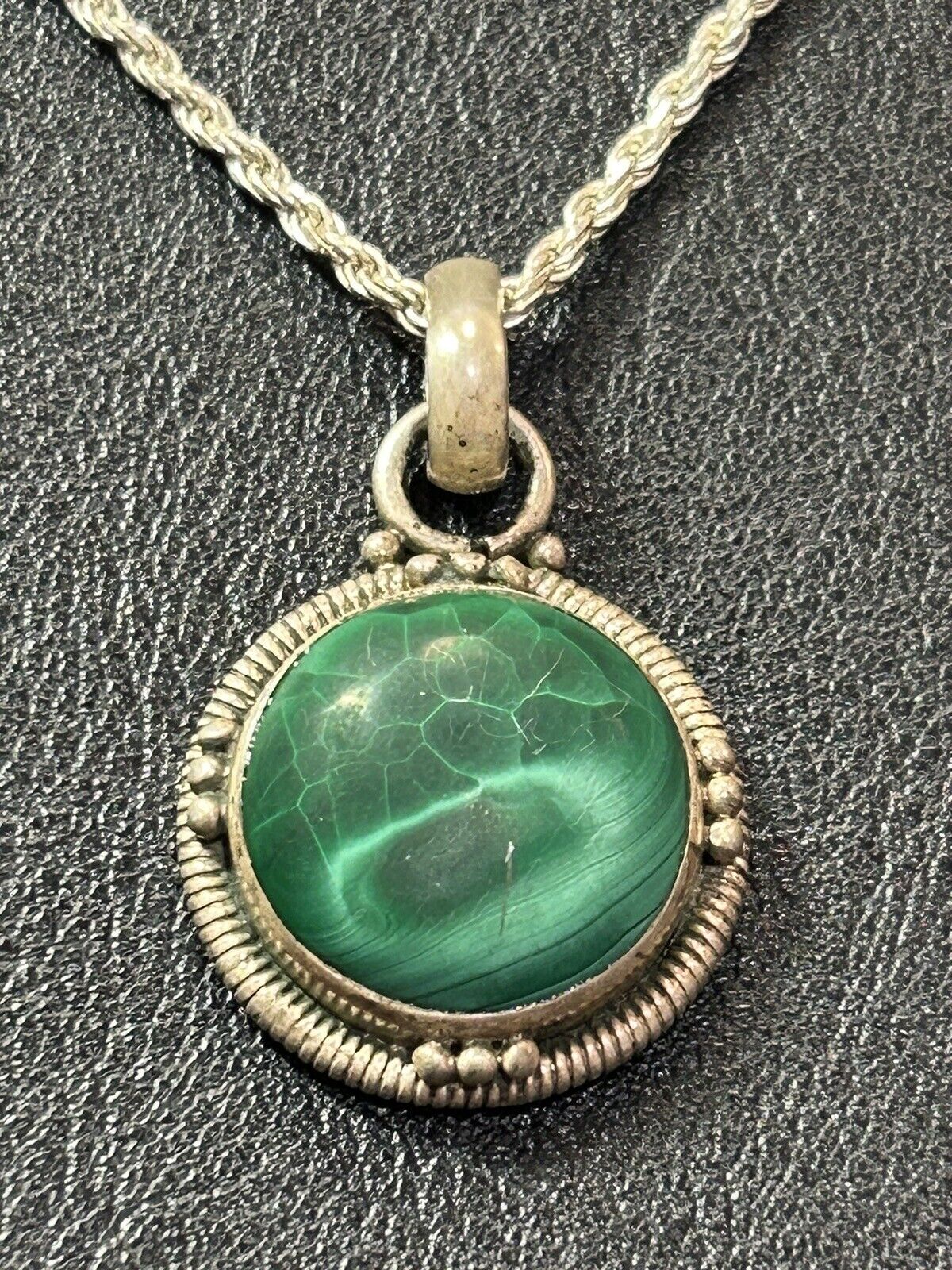 Malachite Pendant on Sterling Silver Rope Necklace