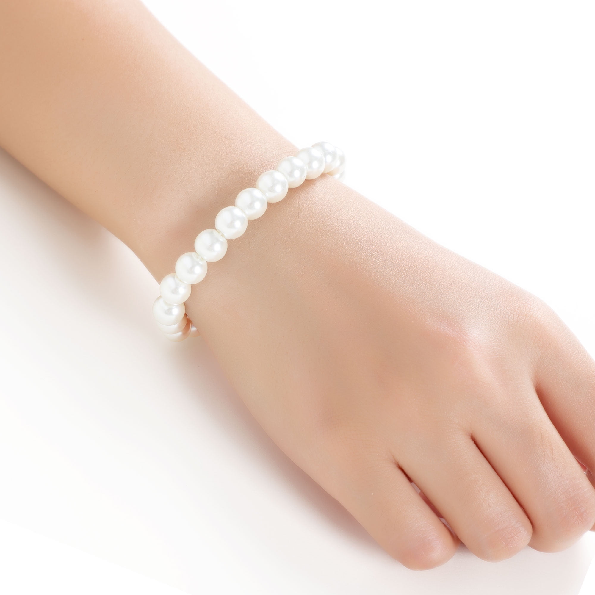 White Faux Pearls Beaded Elastic Bracelet Set