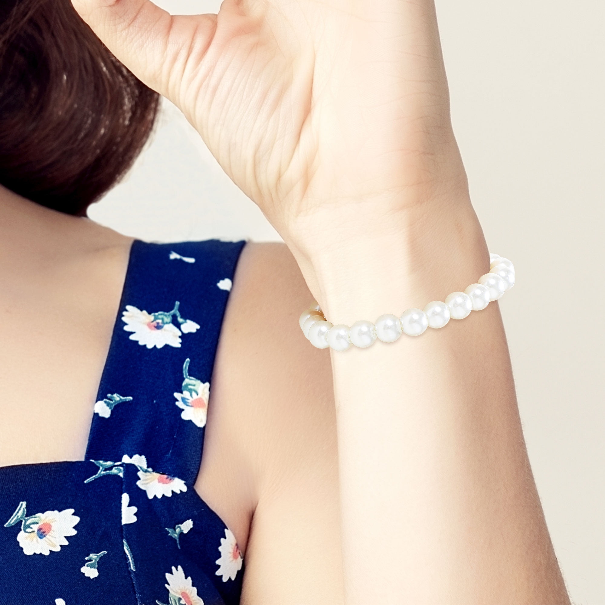 White Faux Pearls Beaded Elastic Bracelet Set