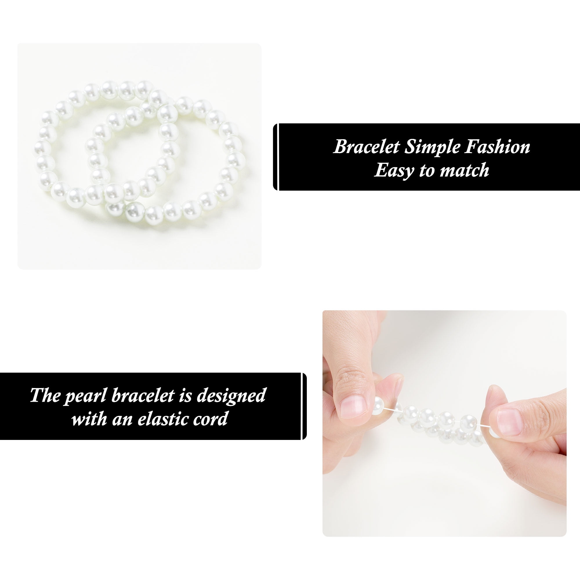 White Faux Pearls Beaded Elastic Bracelet Set