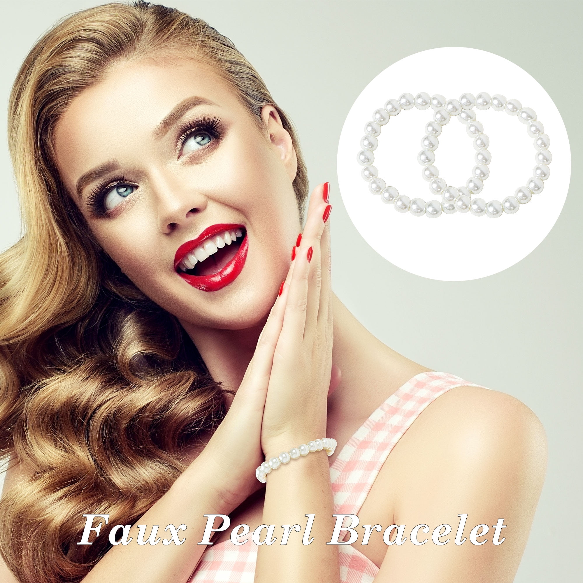 White Faux Pearls Beaded Elastic Bracelet Set