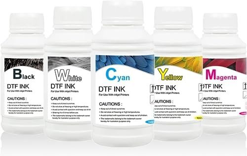 MZK DTF Ink Premium DTF Transfer Ink for PET Film, Refill for DTF Printers Ink, Heat Transfer Printing Direct to Film + 500g DTF Powder (5X 250ml CMYKW)