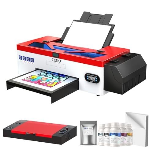 DSV DTF Printer A3 L1800 Transfer Printer Direct to Film Print Preheating T-Shirt Printing Machine for DIY Print Dark & Light Fabrics (Printer+Oven+5 x 250ml Ink+100 Sheets Film)