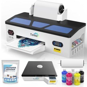 A3 DTF Printer with Roll Feeder, DTF Transfer Printer with White Ink Circulation, Suitable for DIY Printing of Dark and Light T-Shirts, Hoodies (Printer, Oven, 5 x 250ml Ink, 1 x Roll Film)