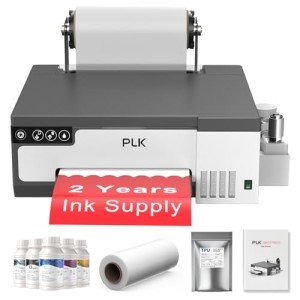 PLK A4 DTF Printer with Roll Feeder, L8058 DTF Transfer Printing Machine with White Stirring System 100% Transfer Rate for DIY Print(Printer+5 x 250ml Ink+100m Roll Film)