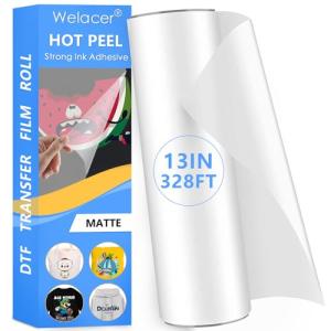 Welacer DTF Transfer Film Roll 13 Inch x 328 FT for Sublimation Double-Side Matte Clear Pretreat Sheets, PET Heat Transfer Paper for Inkjet Printer Direct Print on T Shirts Textile